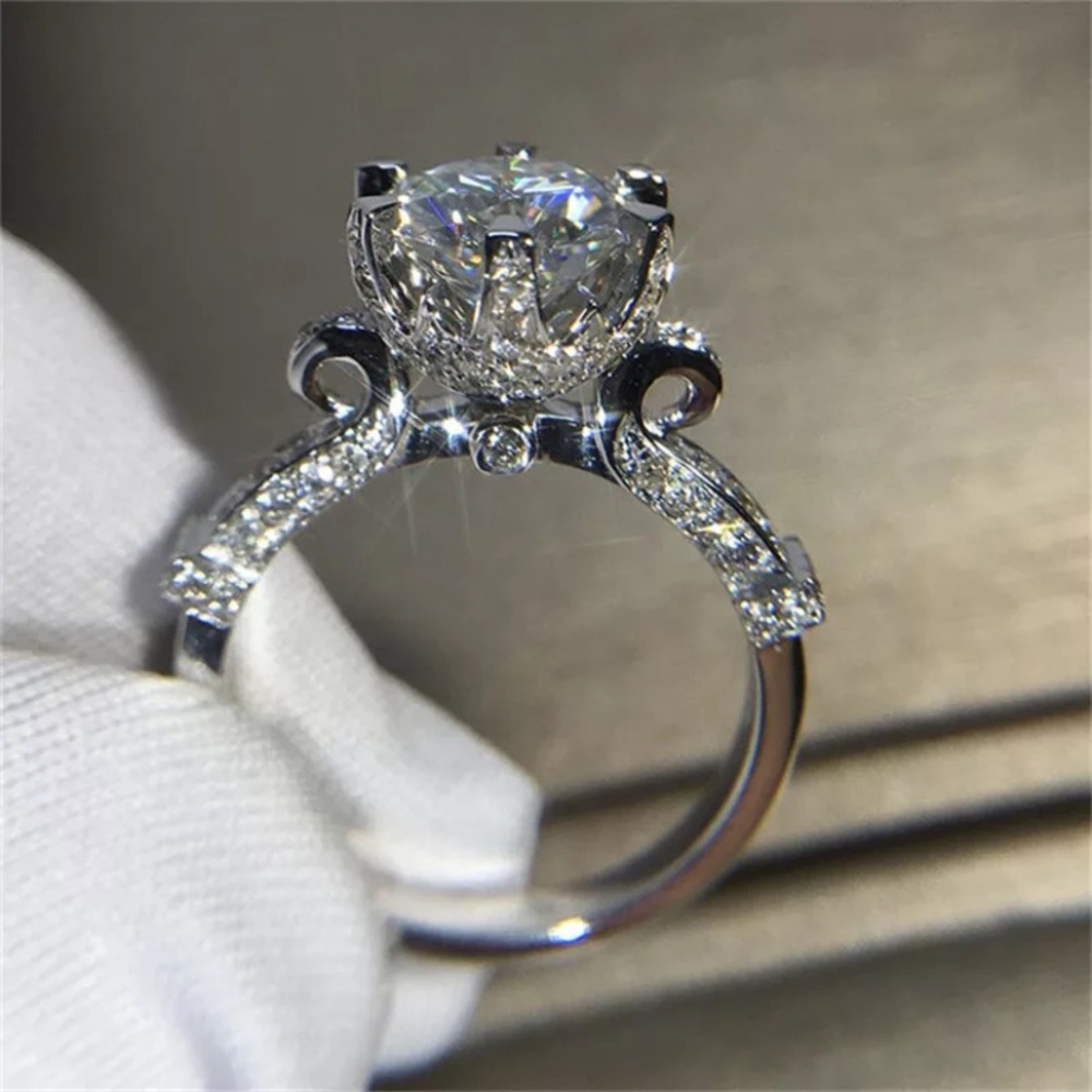 Sparkling Round Cut Engagement Ring | Silver Tone Halo Scroll Band | CZ Diamond